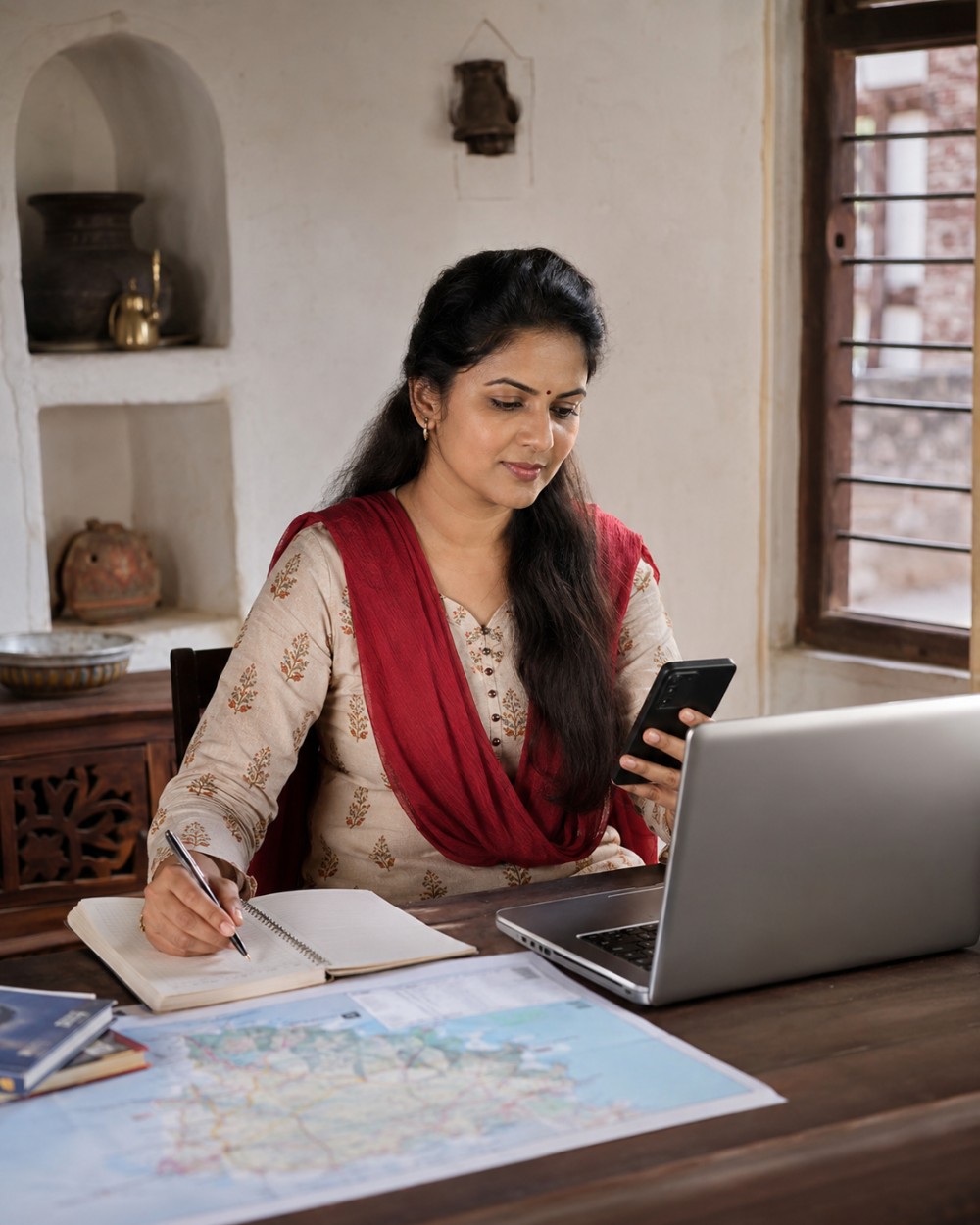 Partner using a laptop and phone with travel-planning tools